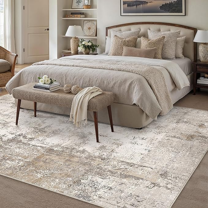 10x14 Area Rug Brown Grey Abstract Living Room Bedroom Washable Carpet Neutral Modern Non Slip Soft Low Pile Indoor Large Throw Rug for Dining Room Office
