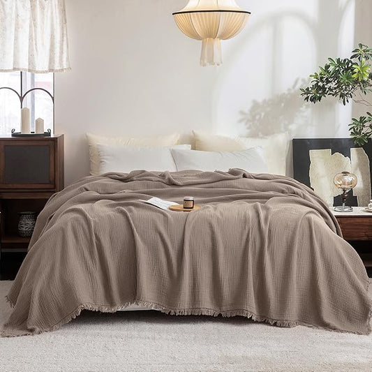 FOSSA Muslin Blanket with Fringe - 4-Layer 100% Cotton Gauze Super Soft & Breathable Throw -Lightweight Decorative Cooling Blanket for Bed, Sofa, Office (Pale Brown, Queen (90" × 90"))