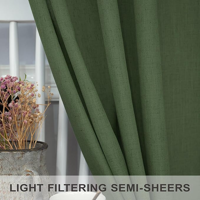 Christmas Olive Green Curtains 108 Inches Long for Living Room 2 Panels Set Back Tab Pocket Avocado Green Boho Drape Neutral Aesthetic Cottagecore Decor Linen Sheer Light Curtain for Kids Bedroom 9 FT