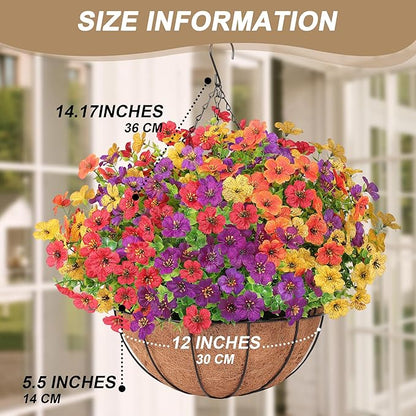 Artificial Faux Hanging Flowers Plants Basket for Outdoors Spring Summer Decoration,Hanging Planters with Silk Fake Daisy Flowers Realistic UV Resistant for Outside Balcony Patio Porch Home Multicolor