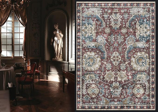RUGSURE Washable Area Rugs - Perfect for Living Room, Bedroom, Kids Room, Nursery - Stain & Water Resistant Non-Slip, Pet & Child Friendly, Vintage Tribal Area Rugs (Burgundy and Blue, 3' x 5 ')
