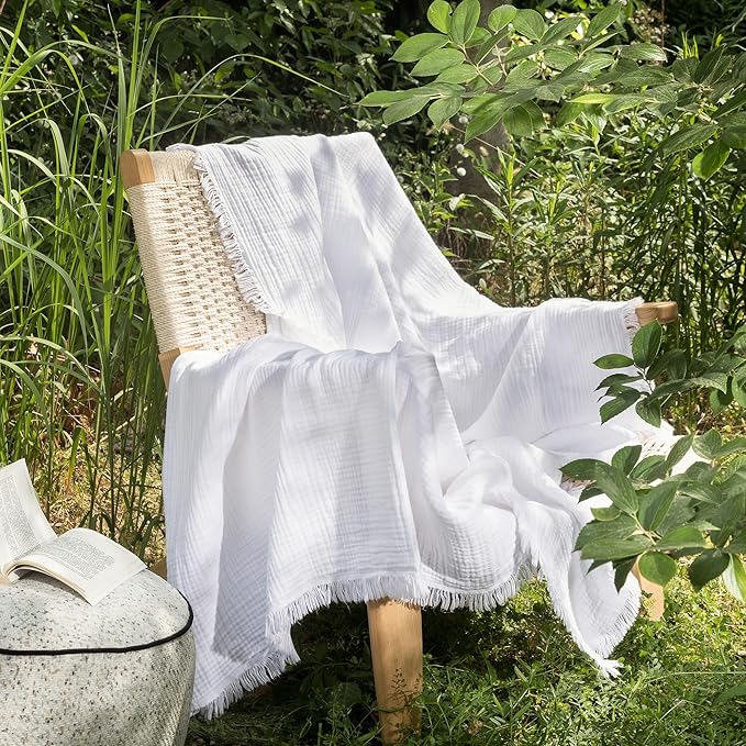 MooMee Muslin Blanket - 100% Cotton 4-Layer Gauze Throw Blanket with All-Around Fringe, Ultra-Soft Breathable Lightweight Cooling Decorative for Bed, Sofa & Couch (Bright White,Twin XL 66" x 90")