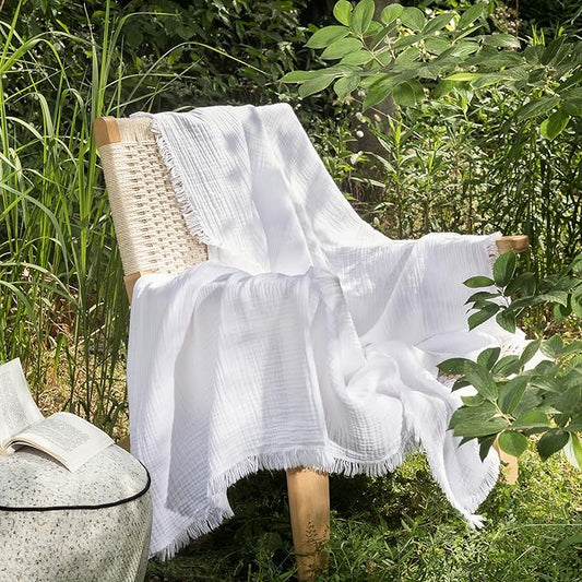 MooMee Muslin Blanket - 100% Cotton 4-Layer Gauze Throw Blanket with All-Around Fringe, Ultra-Soft Breathable Lightweight Cooling Decorative for Bed, Sofa & Couch (Bright White,Twin XL 66" x 90")