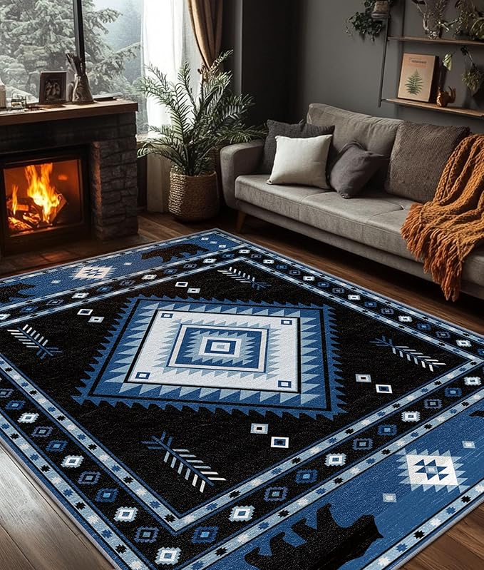 Aztec Rug 5x8 - Southwestern Bear Cabin Area Rugs for Living Room Bedroom, Rustic Lodge Machine Washable | Non-Slip | Soft Large Carpets, Native American Room Decor (Blue White Black)