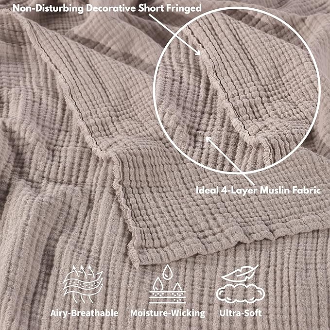 Muslin Blanket - Pure 100% Turkish Cotton Airy Soft Light Versatile Gauze Throw Blanket for Bed, Couch, Sofa (Taupe, Throw Size (50" x 66" inch))