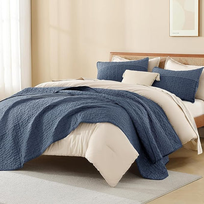 Litanika Oversized Queen Quilt Set Sapphire Blue, 98x98 Stripe Bedspread Coverlet 3 Pieces, Sapphire Blue Lightweight Quilted Bedding Set for All Season(Oversized Queen-1 Quilt, 2 Pillowcases)
