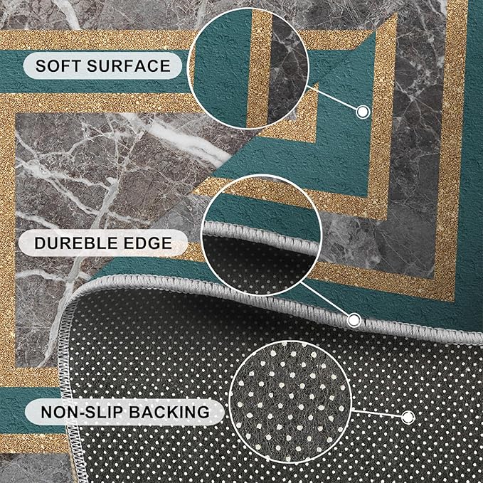 Emerald Green Marble Rug Luxury Teal Marble Area Rug Gilded Geometric Carpet Vintage Stone Crack Carpet for Bedroom Bedside Living Room 6x9ft