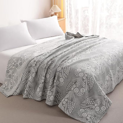 NTBAY 3 Layers Cotton Muslin 106x92 King Bed Blanket, Super Soft Breathable Thermal Yarn Dyed Quilt for Adults, Perfect Lightweight Blanket for Couch Sofa Bed All Seasons, Grey Star and Wheat