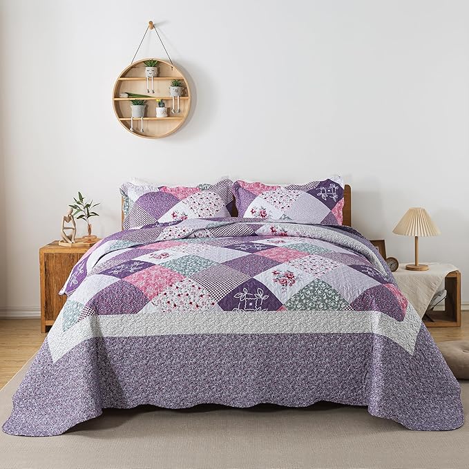 HoneiLife Queen Quilt Bedding Set - 3 Pieces Microfiber Quilt Sets Lightweight Bedspreads Reversible Coverlets Retro Bed Cover Floral Bedding Set All Season Quilts-Purple