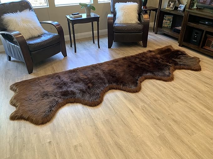 LAMBZY Faux Sheepskin Super Soft Hypoallergenic Silky Shag Rug for Living Room, Kids Room, Sofa (5 Pelts Side by Side 3'x10', Brown)