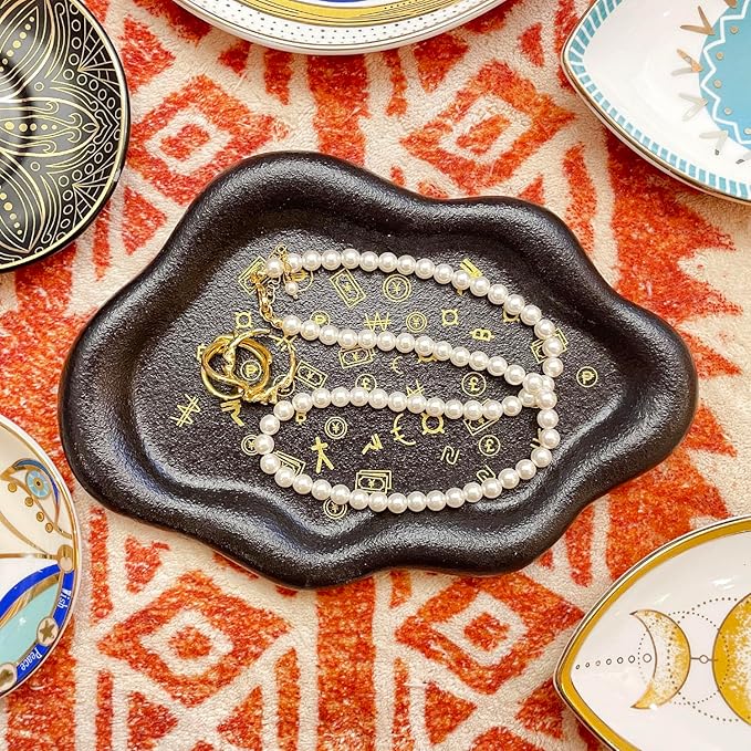 J.K.Leo Exquisite Small Ceramic Jewelry Tray - Trinket Dish Evil Eye Decor, Gold Plate Ring Holder, Modern Boho Home Essentials, Perfume Organizer, Witchy, Aesthetic Room Decor (Cloud-A)