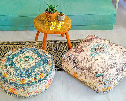 Moroccan Floor Pillow Cover Blue Round Floor Cushion Boho Room Décor Moroccan Seating Area Perfect Pouf Ottoman for Living Room, Bedroom, Nursary or Children Room Cotton 24x8 Unstuffed