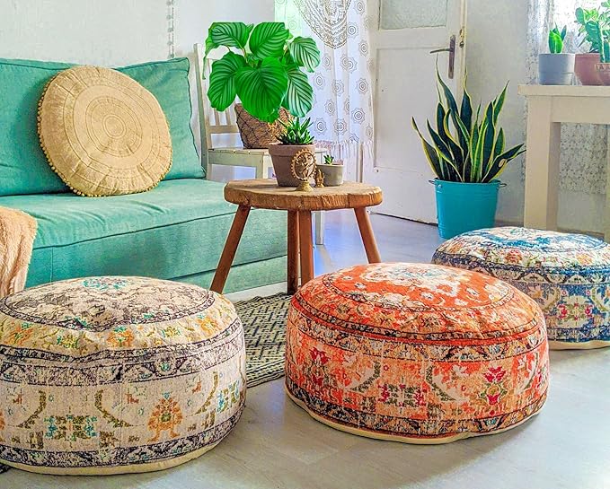 Mandala Life ART Bohemian Floor Cushion Cover Gray Round Meditation Pillow Case Boho Chic Pouf Ottoman Perfect Vintage Cushion for Living Room, Bedroom, Nursary or Children Room Cotton 24x8 Unstuffed