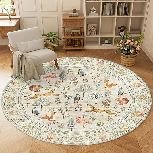 DUKINO 6ft Round Rug for Bedroom, Animal Print Washable Circle Rug with Low Pile Design, Soft Indoor Floor Non Slip Carpet for Entryway, Living Room, Office, Dining Room, Beige
