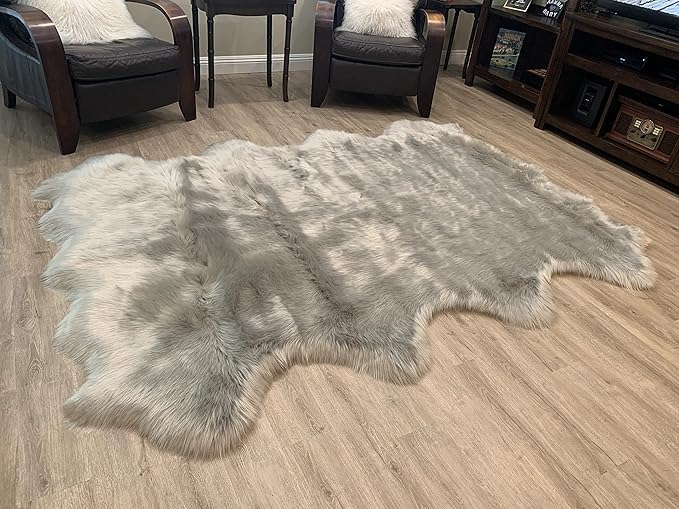 LAMBZY Faux Sheepskin Super Soft Hypoallergenic Silky Shag Rug for Living Room, Kids Room, Sofa (Octo 8 Pelts 6'x8', Grey)