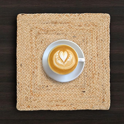 Hausattire Jute Braided Placemats 14x14 Inches Set of 4 Reversible Handwoven Boho Vintage Placemats for Kitchen Dining Tables|BBQ's Thanksgiving Decor Weddings Indoor & Outdoor Parties|Natural