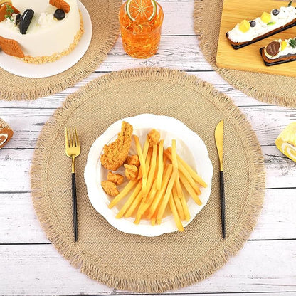 Aneco 12 Pcs Jute Placemats, 15 Inch Round Burlap Placemats, Boho Natural Jute with Fringe Table Mat, Heat Resistant Natural Farmhouse Table Mats for Wedding Birthday Party Dining Tables Decor
