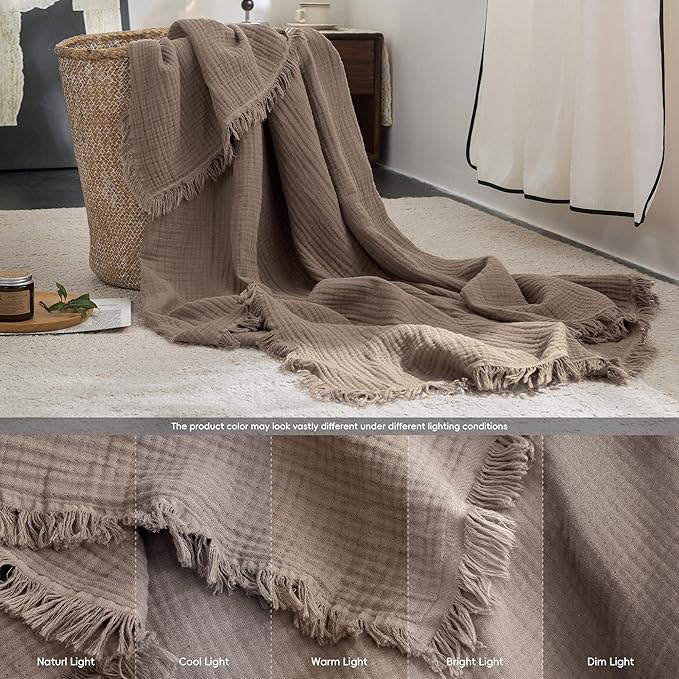 FOSSA Muslin Blanket with Fringe - 4-Layer 100% Cotton Gauze Super Soft & Breathable Throw -Lightweight Decorative Cooling Blanket for Bed, Sofa, Office (Pale Brown, King (104" × 90"))
