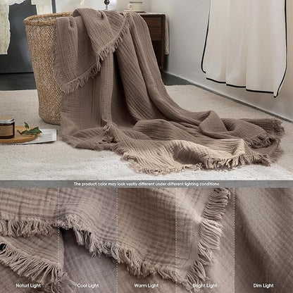 FOSSA Muslin Blanket with Fringe - 4-Layer 100% Cotton Gauze Super Soft & Breathable Throw -Lightweight Decorative Cooling Blanket for Bed, Sofa, Office (Pale Brown, Oversize Queen (98" × 98"))