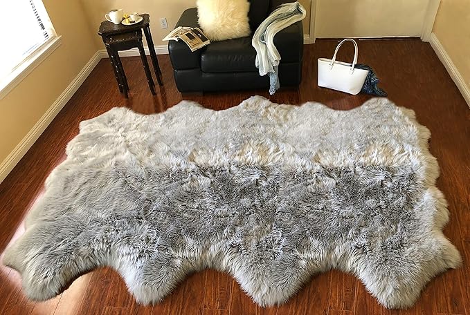 Free Shape Luxury Soft Fluffy Shag Area Rug Octo 8 Pelts 6'x8',180x240 cm - Vegan Fur Ultra Soft Indoor Carpet Nursery Rugs for Bedroom Home Decor, Grey