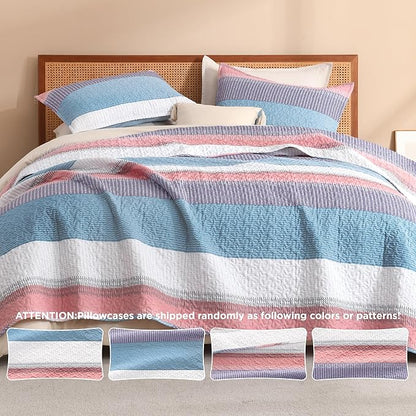 Litanika Twin Quilt Set Purple, Blue and White, 68x86 Stripe Bedspread Coverlet 2 Pieces, Pink Lightweight Quilted Bedding Set for All Season(Twin-1 Quilt, 1 Pillowcase)