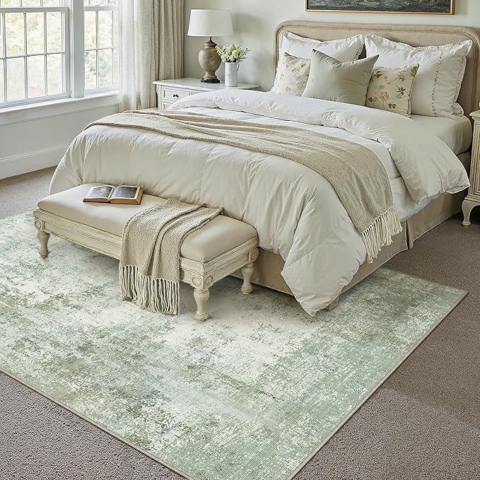 5x7 Washable Area Rug Sage Green Abstract Living Room Bedroom Carpet Neutral Modern Non-Slip Soft Low Pile Lightweight Vacuumable Throw Rug for Dining Room Entryway
