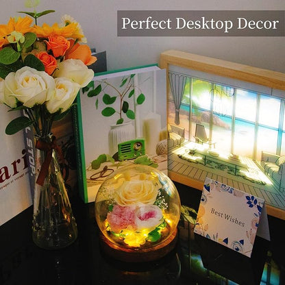 Yellow Rose Valentines Day Gifts for Her Gifts for Womens Mothers Day Gifts for Mom Grandma - Preserved Real Rose in Glass Dome with LED Strip, Forever Flowers for Delivery on Birthday