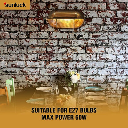 Sunluck Brass Nautical Bulkhead Light,Grid Oval Wall Light,Brass Half Cover Lampshade,Ceiling Mount Light,Waterproof IP65,Rust Resistant,for Wet Location Bath,Seaside,Ship,Basement