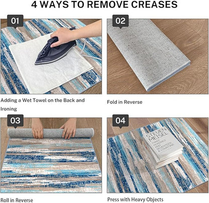 Modern Abstract Runner Rug 2.6x10, Blue Washable Long Kitchen Runner Non-Slip Soft Hallway Rug Runner Thin Print Faux Wool Carpet for Entryway Bedroom Laundry Room Indoor Home Decor