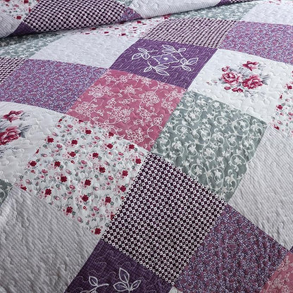 HoneiLife Quilt Set King Size - 3 Piece Microfiber Quilts Reversible Bedspreads Patchwork Coverlets Floral Bedding Set All Season Quilts-Little Rose,Purple