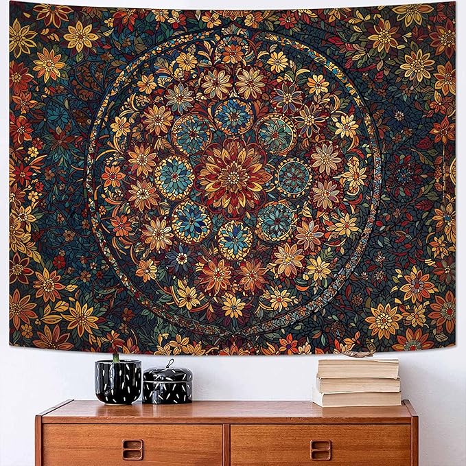 Fowocu Boho Floral Mandala Tapestry Wall Hanging Vintage Bohemian Flower Medallion Tapestry Aesthetic Orange Stained Glass Hippie Large Tapestries for Bedroom Living Room Dorm Decor 80 x 60 Inch