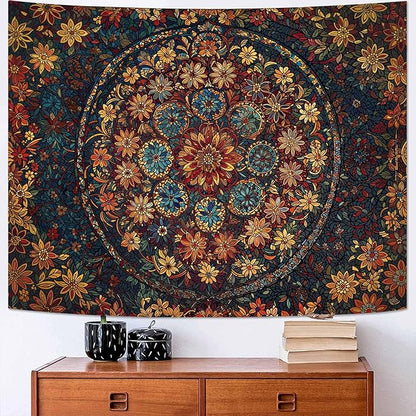 Fowocu Boho Floral Mandala Tapestry Wall Hanging Vintage Bohemian Flower Medallion Tapestry Aesthetic Orange Stained Glass Hippie Large Tapestries for Bedroom Living Room Dorm Decor 80 x 60 Inch
