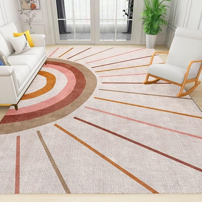 Mid Century Rainbow Area Rug, Modern Boho Rainbow The Lines Art Home Decor Rug, Indoor Non-Slip Kids Rugs, Machine Washable Breathable Durable Carpet for Front Entrance Floor Decor,5 x 7ft