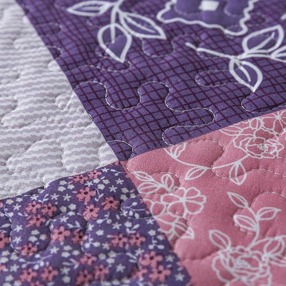 HoneiLife Quilt Set Twin Size - 2 Piece Microfiber Quilts Reversible Bedspreads Patchwork Coverlets Floral Bedding Set All Season Quilts with Geometric and Little Rose Print Pattern，Purple