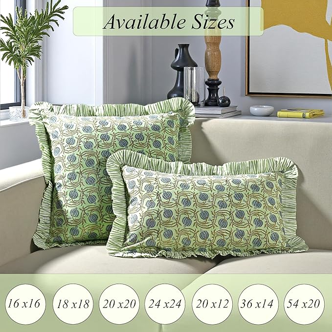 Ridhi Apple Green Floral Modern Farmhouse Pillow 18x18 Block Print Cotton Throw Pillow Covers Set of 2 Cushion Covers with Ruffle Couch Sofa Bed Living Room Home Decor for Christmas,Thanksgiving