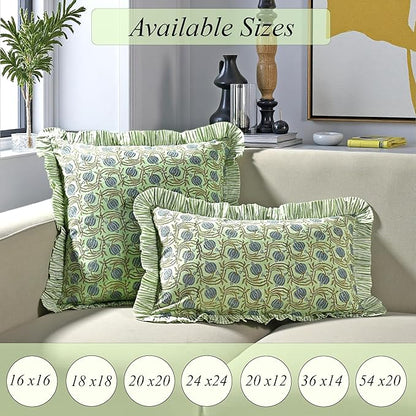 Ridhi Apple Green Floral Modern Farmhouse Pillow 18x18 Block Print Cotton Throw Pillow Covers Set of 2 Cushion Covers with Ruffle Couch Sofa Bed Living Room Home Decor for Christmas,Thanksgiving