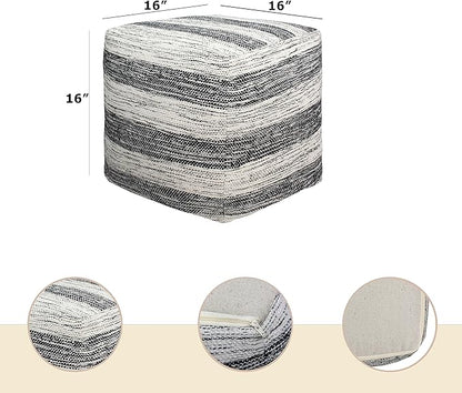 COTTON CRAFT Handwoven Stripe Dhurrie Pouf - Ottoman Foot Stool Bean Bag - Dorm Bedroom Home Décor Accent Seating - Boho Modern Comfortable Prefilled Cotton Pouf Footrest - 16 inch Square - Black