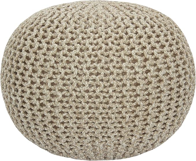 COTTON CRAFT Round Pouf - Hand Knitted Tweed Cable Dori Pouf - Cotton Braid Cord Foot Stool Footrest Ottoman Accent Seat Furniture Bean Bag - Family Room Kids Nursery Dorm - 20x14 - Natural