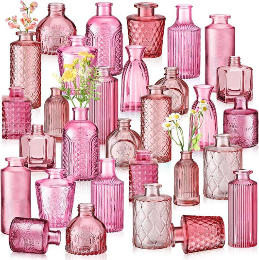 Yaomiao 30 Pcs Vases Bulk Colored Flower Glass Christmas Vases Bud Vintage Colored Glass Bottles Colorful Rustic Embossed for Home Wedding Table Decorations Gifts(Pink Series)