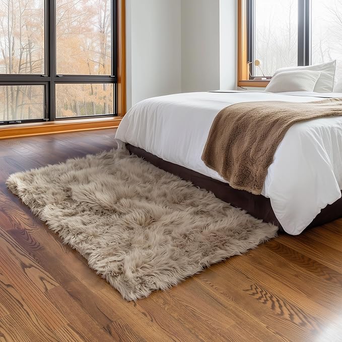 Super Area Rugs Ultra Soft & Fluffy Faux Sheepskin Rug, Light Brown 3 x 5 Feet Carpet for Bedroom Living Room