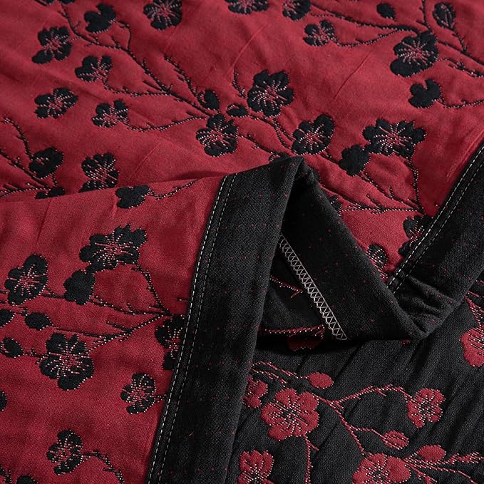 100% Cotton Muslin Jacquard 3 Piece Quilt Set Floral Plum Blossom Print, Soft 3 Layers Gauze Bed Cover Reversible Bedspread Coverlet Breathable Lightweight Bedding Set, Queen