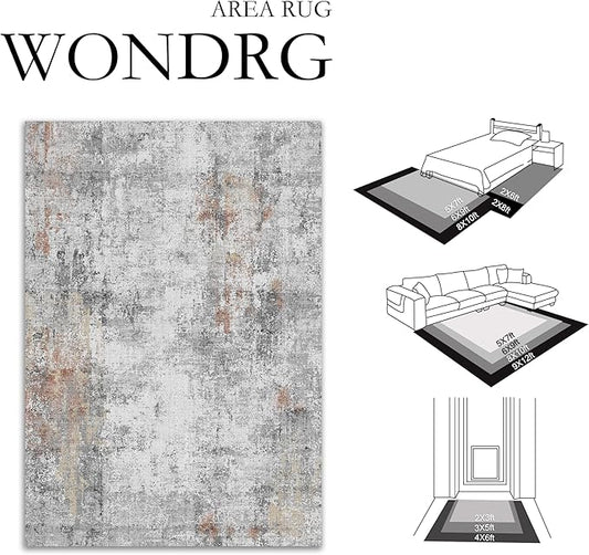10x14 Washable Area Rug Grey Rust Abstract Living Room Bedroom Carpet Neutral Modern Non-Slip Soft Low Pile Lightweight Vacuumable Large Throw Rug for Dining Room