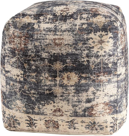 LR Home Vintage Floral Square Indoor Medium Pouf Ottoman, Navy Blue/Beige | Hand-Made Distressed Floral Pouf for Home Decor | 18 x 18 x 18 Stuffed Ottoman for Bedroom & Living Room Seating