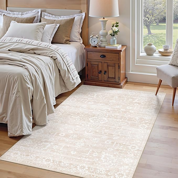 3x5 Area Rugs for Entryway,Washable Vintage Low Pile Non-Slip Throw Area Rugs, Accent Rug Floral Print Indoor Mat for Bedside Living Room Kitchen Bedroom Beige