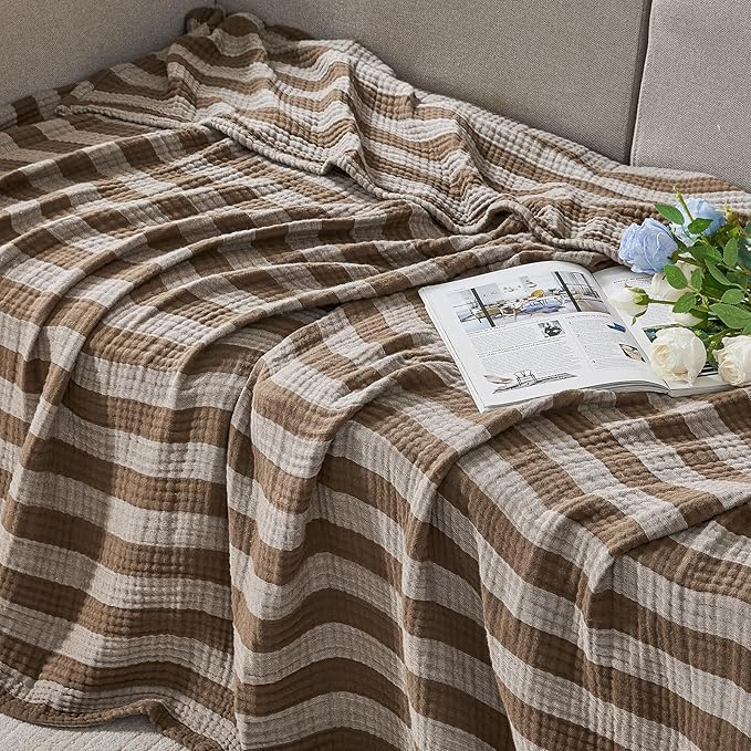 EMME Cotton Muslin Twin Blanket Breathable Gauze Soft Lightweight Adults Gifts for Women (Striped Brown, 60"x80")