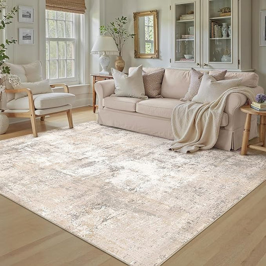 5x8 Washable Area Rug Beige Grey Abstract Living Room Bedroom Throw Rug Neutral Modern Non Slip Soft Low Pile Indoor Carpet for Dining Room Office Entryway
