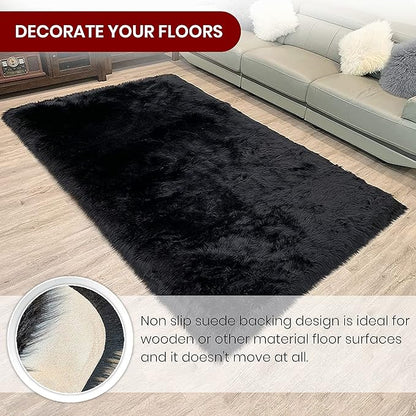 LAMBZY High Pile Super Fluffy Soft Faux Sheepskin Rug | Faux Sheepskin Rugs for Living Room Playroom Bedroom | Classic Super Soft to Touch Rug (10'x13', Black)