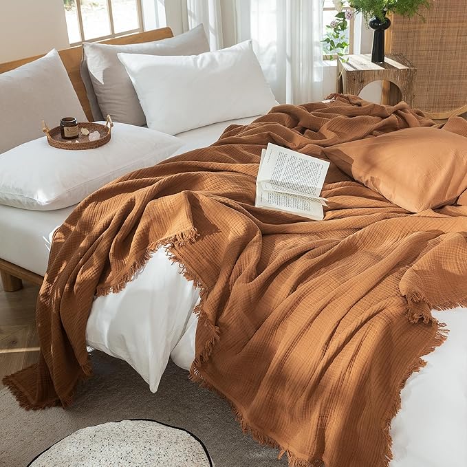 MooMee Muslin Blanket - 100% Cotton 4-Layer Gauze Throw Blanket with All-Around Fringe, Ultra-Soft Breathable Lightweight Cooling Decorative for Bed, Sofa & Couch (Drak Orange,Throw 60" x 50")