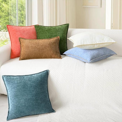 CaliTime Throw Pillow Covers Decorative 22 X 22 Inches Pack of 2 Cotton Thread Stitching Edges Solid Dyed Soft Chenille Cushion Cases for Couch Sofa Bed Living Room Farmhouse Living Coral