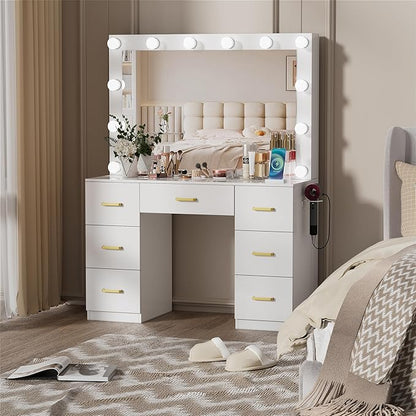 White Makeup Vanity Desk with Lighted Mirror & Power Outlet,3 Color Modes, Brightness Adjustable,Vanity Table with Drawer,Sliding 2 Storage Wall-Mounted Jewelry,4 Shelves for Bedroom